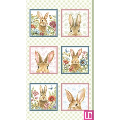 P121-BUNN5658PA PATCH. AMERICANO BUNNIES AND BLOOMS (01) PANEL 60X110 CM. ALG 100% MULTI VENTA EN PZAS. DE 7 M APRO