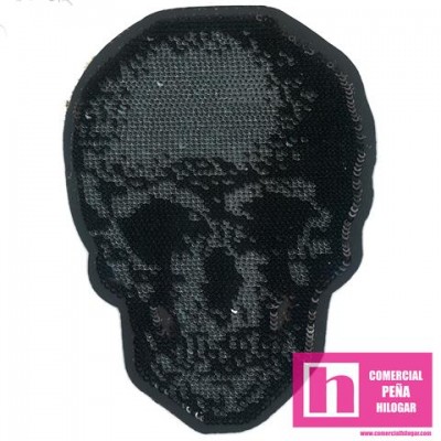 40-M025 PLATA MAEGLOR CALAVERA APLICACION FANTASIA TERMOADHESIVA 8 X 12 POL 100% PLATA VENTA EN BOLSAS DE 5 UDS.