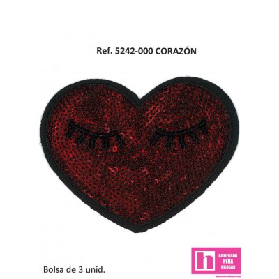 5242-000 APLICACION TERMOADHESIVA CORAZON FANTASIA 100 X 80 MM POL 100% ROJO VENTA EN BOLSAS DE 3 UD. APROX