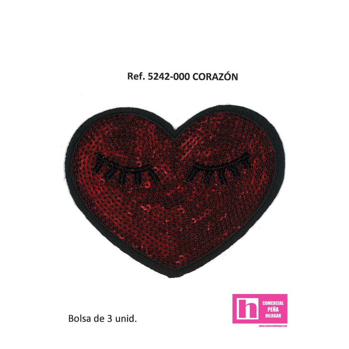 5242-000 APLICACION TERMOADHESIVA CORAZON FANTASIA 100 X 80 MM POL 100% ROJO VENTA EN BOLSAS DE 3 UD. APROX