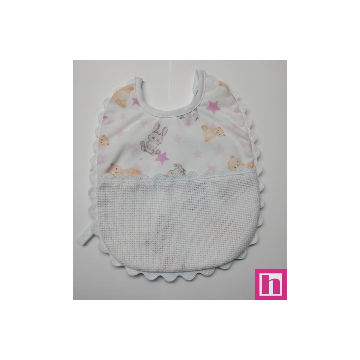 983484-000 BABERO ESTAMPADO+PANAMA CLAUDIA 18X20 POL 60%-ALG 40% ROSA/VIVO BLANCO VENTA EN BOLSA DE 3 UDS.