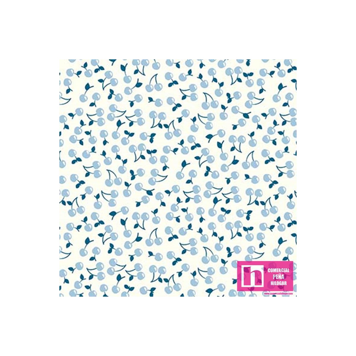 64484 CRETONA ESTAMPADA CERISES (03) 1.60 M. 130 GR/M2. ALG 100% BLANCO/AZUL VENTA EN PZAS. DE 6 M APRO