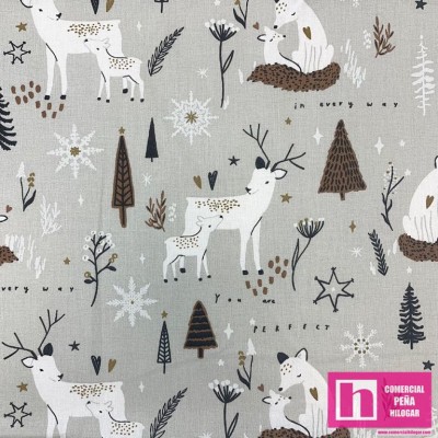 65318 TEJIDO ESTAMPADO NAVIDAD SNOW (03) 1.50 M. -115 GR/M2-ALG 100% GRIS VENTA EN PZAS. DE 10 M APRO