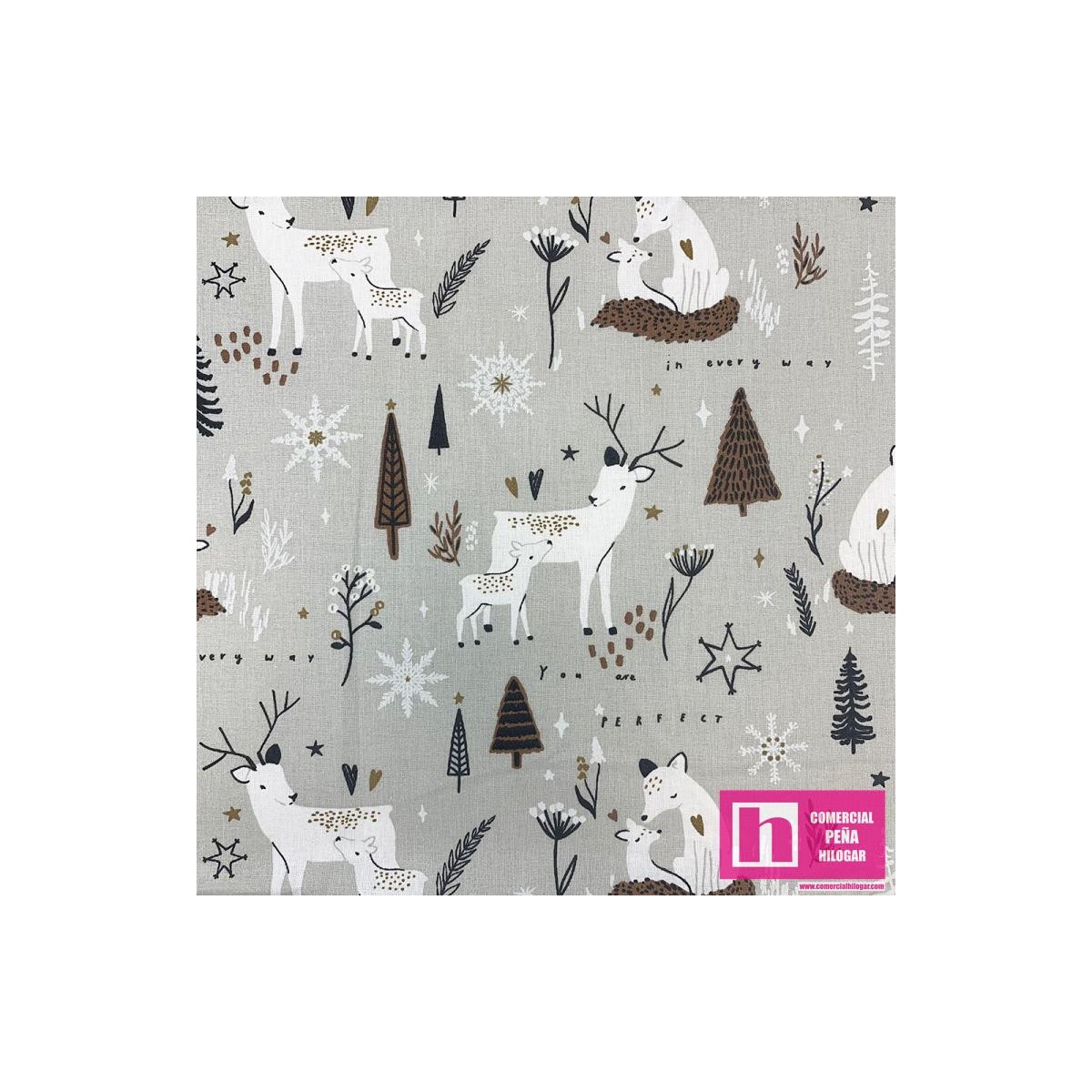 65318 TEJIDO ESTAMPADO NAVIDAD SNOW (03) 1.50 M. -115 GR/M2-ALG 100% GRIS VENTA EN PZAS. DE 10 M APRO