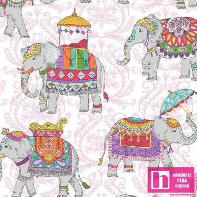 64846 PATCH.AMERICANO ELEPHANT CAVALCADE (02) 110 CM. ALGODON 100% BLANCO/ROSA Venta en piezas de 6.80 M