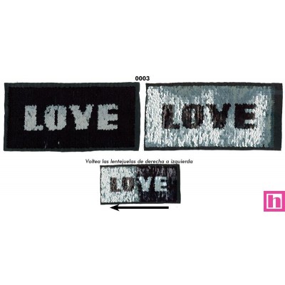665402-0003 LOVE APLICACION LENTEJUELAS 25X12 PVC 50%-RAYON 50% NEGRO/PLATA Venta en piezas de 1.00 U