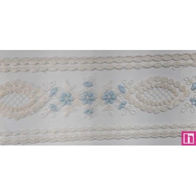67181 ENTREDOS TUL BORDADO BEATRIZ 60 MM. POLIESTER 102% MARFIL/CELESTE Venta en piezas de 13.00 M
