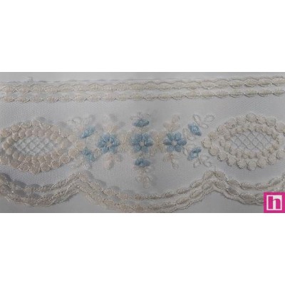 67182 PUNTILLA TUL BORDADO BEATRIZ 72 MM. POLIESTER 103% MARFIL/CELESTE Venta en piezas de 13.00 M