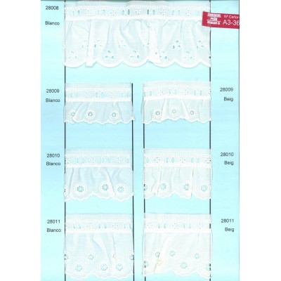 28011-000 BORDADO FRUNCIDO BATISTA HELGA POLIESTER 60%-ALGODON 40% BLANCO Venta en piezas de 11.00 M