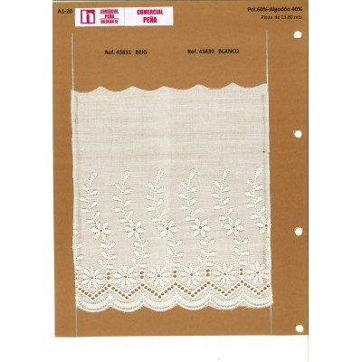 43830 TIRA BATISTA CHELO POLIESTER 60%-ALGODON 40% BLANCO Venta en piezas de 13.80 M