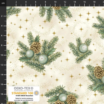 4593-011 PATCH.AMERICANO CHRISTMAS TIME (11) 110 CM. ALGODON 100% CREMA/EUCALIPTO/DORADO METALLIC Venta en piezas de 6.00 M