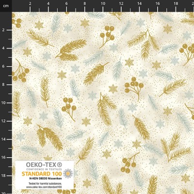 4593-019 PATCH.AMERICANO CHRISTMAS TIME (18) 110 CM. ALGODON 100% CREMA/AZUL/DORADO METALLIC Venta en piezas de 6.00 M