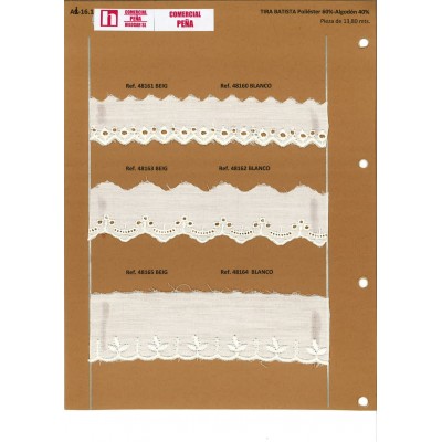 48164 TIRA BATISTA LANETTA POLIESTER 60%-ALGODON 40% BLANCO-001 Venta en piezas de 13.80 M