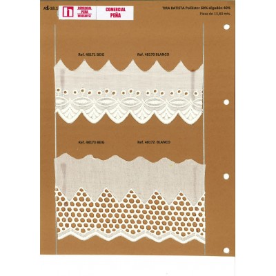 48172 TIRA BATISTA CINTHIA POLIESTER 60%-ALGODON 40% BLANCO-001 Venta en piezas de 13.80 M