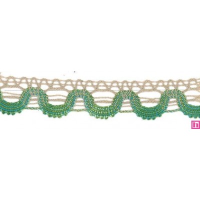 56829 ANAUEL PUNTILLA BOLILLO 30 MM. POLIESTER 50%-ALGODON 50% CAMEL/VERDE MATIZADO Venta en piezas de 15.00 M