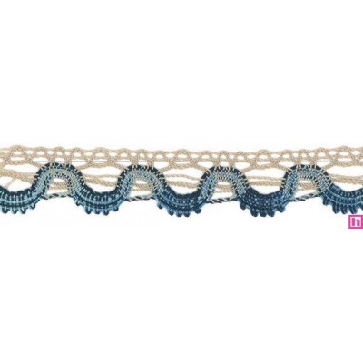 56831 ANAUEL PUNTILLA BOLILLO 30 MM. POLIESTER 50%-ALGODON 50% CAMEL/AZUL MATIZADO Venta en piezas de 15.00 M