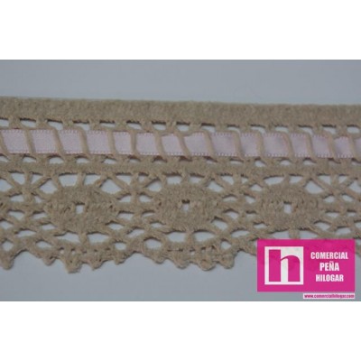 58443 YEHUDI PUNTILLA BOLILLO VELVET 45 MM. POLIESTER 100% CAMEL CINTA ROSA Venta en piezas de 15.00 M