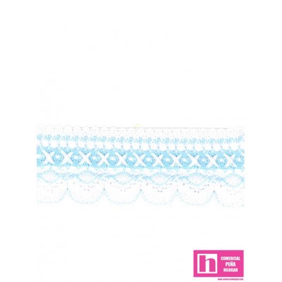 61516 PUNTILLA BOLILLO FABRICIO 55 MM. POLIESTER 100% BLANCO/CELESTE Venta en piezas de 15.00 M