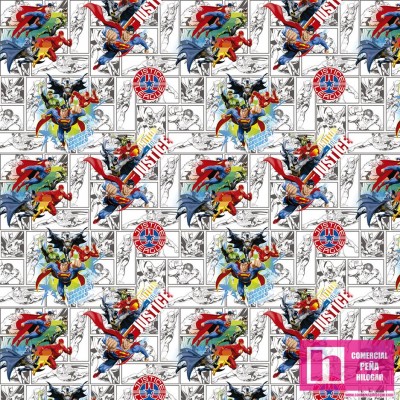 62729 TEJIDO ESTAMPADO LIGA JUSTICIA (03) 1.50 M. ALGODON 100%. 180 HILOS. GRIS Venta en piezas de 10.00 M