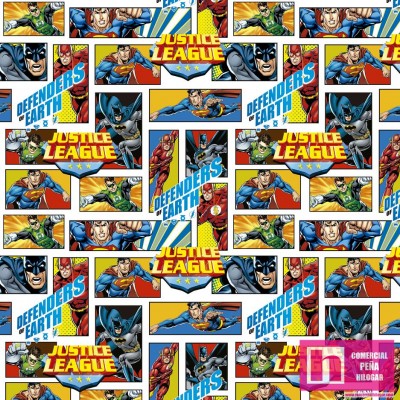 62730 TEJIDO ESTAMPADO LIGA JUSTICIA COMIC  (05) 1.50 M. ALGODON 100%. 180 HILOS. MULTI Venta en piezas de 10.00 M