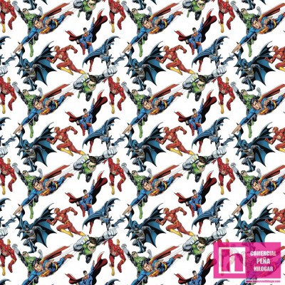 62733 TEJIDO ESTAMPADO LIGA JUSTICIA TEAM (01) 1.50 M. ALGODON 100%. 180 HILOS. MULTI Venta en piezas de 10.00 M