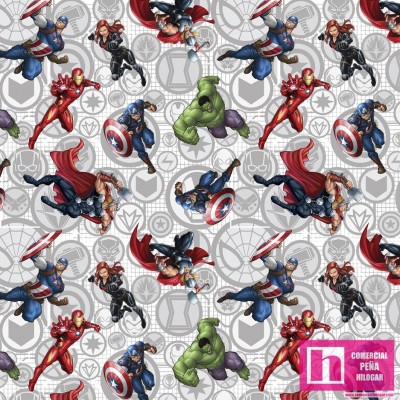 62734 TEJIDO ESTAMPADO MARVEL VENGADORES ATTACK (04) 1.50 M. ALGODON 100%. 180 HILOS. GRIS Venta en piezas de 10.00 M