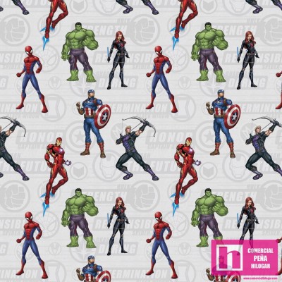 62735 TEJIDO ESTAMPADO MARVEL VENGADORES (02) 1.50 M. ALGODON 100%. 180 HILOS. GRIS Venta en piezas de 10.00 M