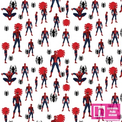 62736 TEJIDO ESTAMPADO SPIDERMAN ARAÑAS (04) 1.50 M. ALGODON 100%. 180 HILOS. BLANCO/ROJO Venta en piezas de 10.00 M