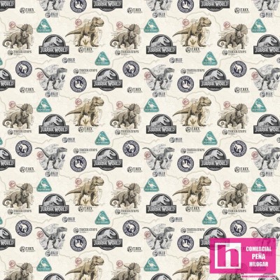 62762 TEJIDO ESTAMPADO JURASSIC WORLD DINO (03) 1.50 M.  ALGODON 100%. 180 HILOS. BEIG Venta en piezas de 10.00 M