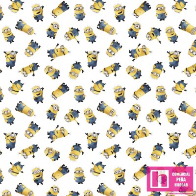 62764 TEJIDO ESTAMPADO MINIONS (02) 1.50 M. ALGODON 100%. 180 HILOS. BLANCO Venta en piezas de 1.00 C