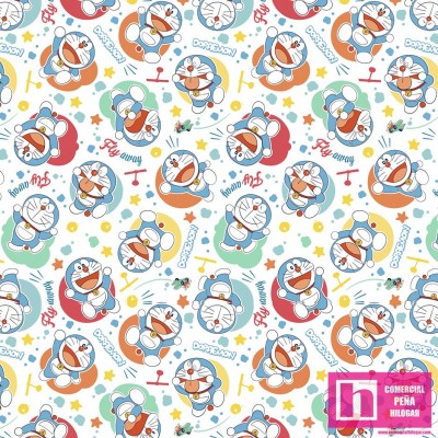 62761 TEJIDO ESTAMPADO DORAEMON FLY (01) 1.50 M. ALGODON 100%. 180 HILOS. MULTI Venta en piezas de 10.00 M