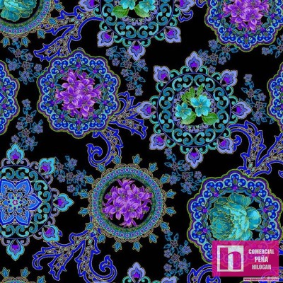 64596 PATCH.AMERICANO OPULENT FLORAL (03) 110 CM. ALGODON 100% NEGRO/AZUL Venta en piezas de 6.80 M