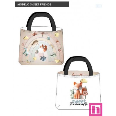 67445 TOTE BAGS SWEET FRIENDS - REVERSIBLE REPELENTE AL AGUA  (25) 45X50 CMS. POLIESTER 100% BLANCO/MULTI Venta en piezas de 1.0