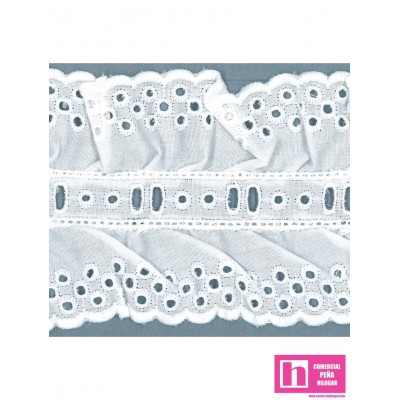 90/11786-1 GALON BORDADO FRUNCIDO ALFONSINA 75 MM. POL.60%-ALGODON 40% BLANCO Venta en piezas de 11.00 M