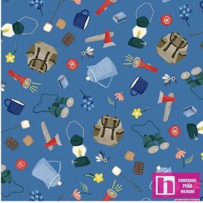 63692 PATCH.AMERICANO CAMPING LIFE (13) 110 CM. ALGODON 100%  AZUL Venta en piezas de 6.80 M