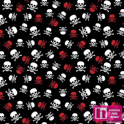 62653 TEJIDO ESTAMPADO CALAVERA PIRATA (01) 1.50 M. ALG 100% NEGRO VENTA EN PZAS. DE 10 M APRO