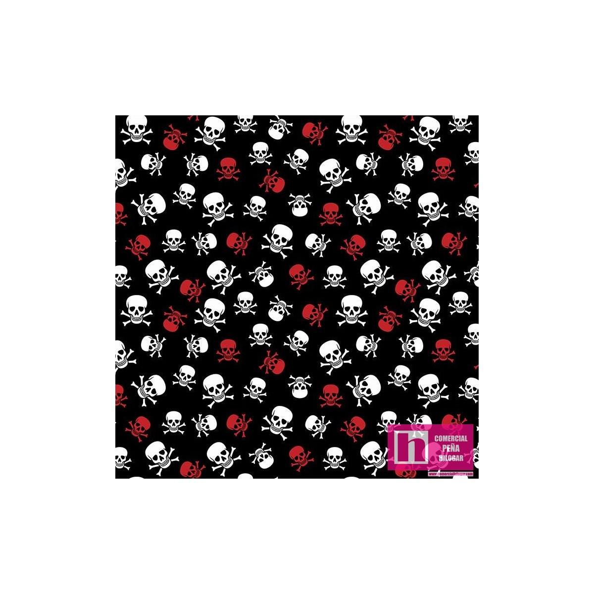 62653 TEJIDO ESTAMPADO CALAVERA PIRATA (01) 1.50 M. ALG 100% NEGRO VENTA EN PZAS. DE 10 M APRO