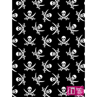 62651 TEJIDO ESTAMPADO CALAVERA PIRATA (03) 1.50 M. ALG 100% NEGRO VENTA EN PZAS. DE 10 M APRO