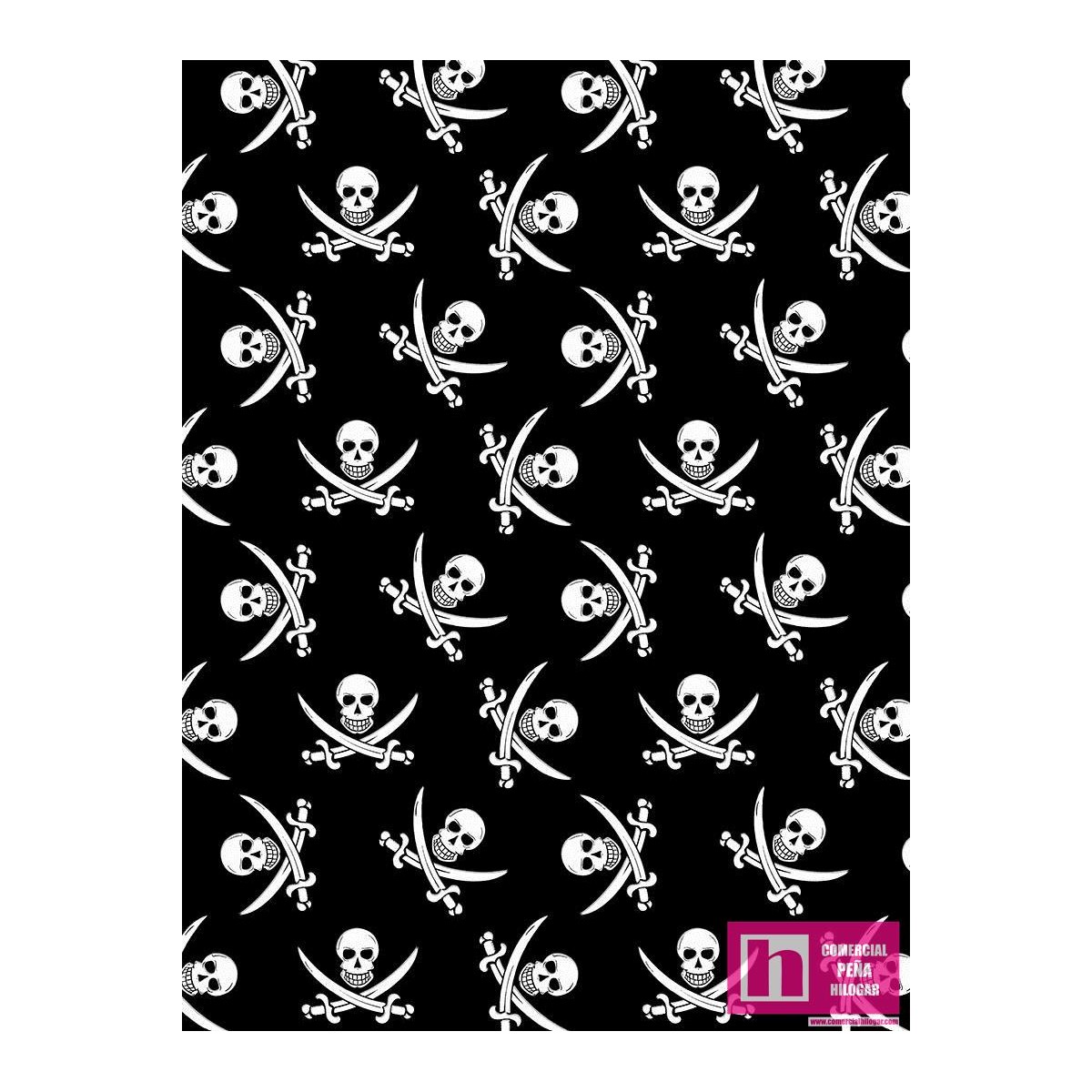 62651 TEJIDO ESTAMPADO CALAVERA PIRATA (03) 1.50 M. ALG 100% NEGRO VENTA EN PZAS. DE 10 M APRO