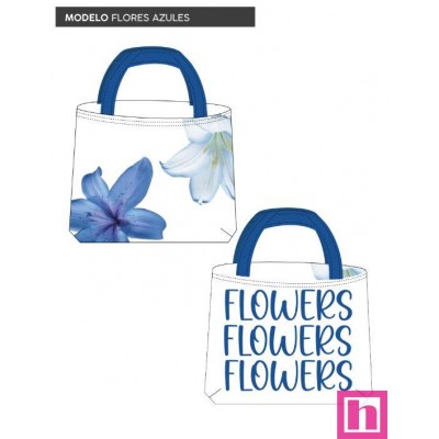 67440 TOTE BAGS FLORES AZULES - REVERSIBLE Y REPELENTE AL AGUA  (20) 45X50 CMS. POLIESTER 100% BLANCO/AZUL Venta en piezas de 1.