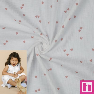 P94-3166-004 DOBLE GASA ESTAMPADA HEARTS (01) 135 CM. 125 GR/M2. ALGODON 100% BLANCO Venta en piezas de 6.00 M