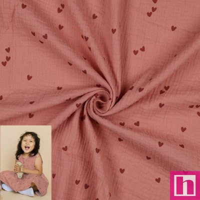 P94-3166-050 DOBLE GASA ESTAMPADA HEARTS (02) 135 CM. 125 GR/M2. ALGODON 100% MAQUILLAJE Venta en piezas de 6.00 M