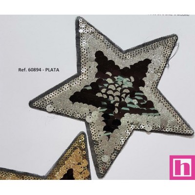 60894 APLICACION ESTRELLA LENTEJUELAS GLITHA 15X15 POLIESTER 50%-PVC 50% PLATA/NEGRO Venta en piezas de 6.00 U