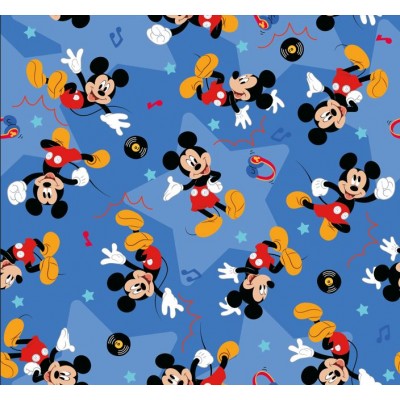 67909 TEJIDO ESTAMPADO MICKEY PARTY (00) 1.40 M. 130 GR/M2 ALGODON 100% AZUL Venta en piezas de 6.00 M