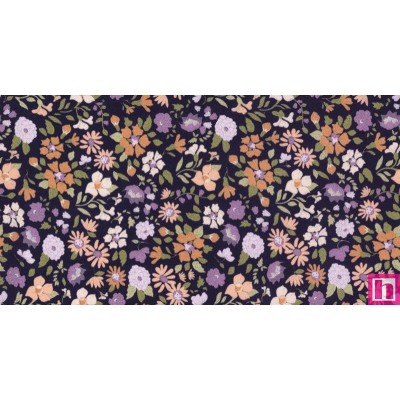 67394 TEJIDO ESTAMPADO PARLA (01) 1.40 M. 110 GR/M2. ALGODON 100% NEGRO/LILA Venta en piezas de 10.00 M