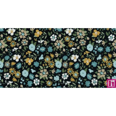 67398 TEJIDO ESTAMPADO PARLA (05) 1.40 M. 110 GR/M2. ALGODON 100% NEGRO/AZUL Venta en piezas de 10.00 M