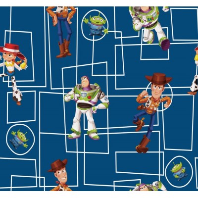 67914 TEJIDO ESTAMPADO TOY STORY (00) 1.40 M. 130 GR/M2 ALGODON 100% AZUL Venta en piezas de 6.00 M