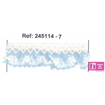 245114-7 PUNTILLA BOLILLO FRUNCIDA SIMONA 20 MM. POLIESTER 100% CELESTE/MARFIL Venta en piezas de 25.00 M