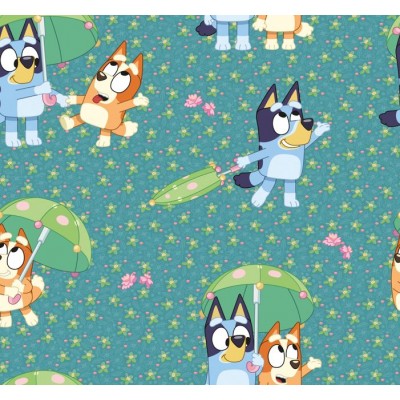 67919 TEJIDO ESTAMPADO BLUEY AND FRIENDS (00) 1.40 M. 130 GR/M2 ALGODON 100% VERDE Venta en piezas de 6.00 M