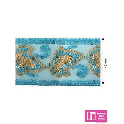 460303-45-12 GALON LENTEJUELAS FANTASIA ABARNE 45 MM. POLIESTER-PVC TURQUESA Venta en piezas de 13.70 M